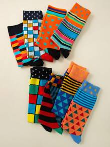 5 Pairs/Set Men's Plus Size Mid-Calf Socks, Geometric Pattern Business Casual Socks, Soft & Comfortable, Suitable For Business, Party, Sports, Holidays, Daily Life. Color Sent At Random, Fall