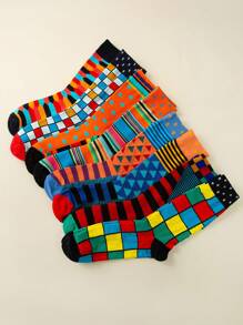 5 Pairs/Set Men's Plus Size Mid-Calf Socks, Geometric Pattern Business Casual Socks, Soft & Comfortable, Suitable For Business, Party, Sports, Holidays, Daily Life. Color Sent At Random, Fall