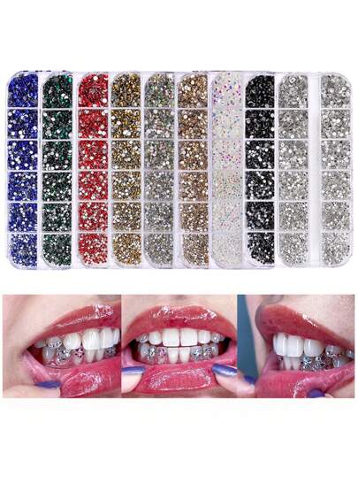 1 Box, DIY Flash Teeth Jewelry Y2k Small Round Rhinestones Hip Hop Style Tooth Decoration Music Festival Body Decoration Stickers