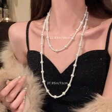 1 Miếng Dài Hai lớp Ngọc trai Giả Dây chuyền Đối với phụ nữ , Tinh tế Xương quai xanh Chuỗi Với Chi tiết ngọc trai nhân tạo , Lý tưởng Đối với Lễ hội Dịp & Các bữa tiệc - 1600 vòng cổ ngọc trai - Xem 2