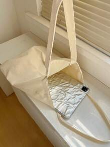 1pc Solid Color Foldable Tote Bag Simple Fashion Canvas Shopping Bag Portable - Beige - View 6