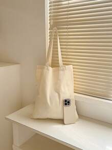 1pc Solid Color Foldable Tote Bag Simple Fashion Canvas Shopping Bag Portable - Beige - View 5