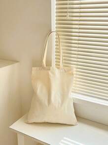 1pc Solid Color Foldable Tote Bag Simple Fashion Canvas Shopping Bag Portable - Beige - View 9