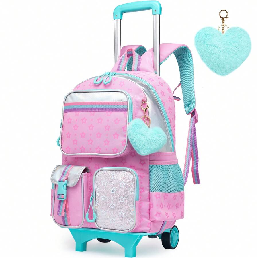 1PC Pink Multifunctional Trolley Backpack Girls Trolley Schoolbag Pentagram Printed Pattern Beach Bag For Summer Travel Essentials For Holiday Summer Accessories For Vacation Travel Organizer Hospital Bag Travel Accessories For Camp - Pink - View 1