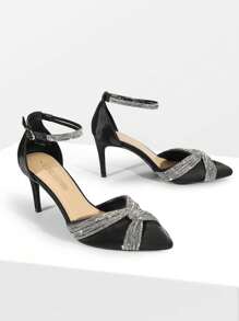 Women's Rhinestone Pointed Close Toe Pumps Strappy Sparkly  High Heels  Ankle Strap Stiletto Wedding Party Dress Shoes - 黑色 - 查看 3