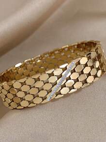 1 pieza Brazalete grueso de acero inoxidable con strass diagonal, brazalete hueco hexagonal para mujer, brazalete abierto elegante, adecuado para bodas, aniversarios, fiestas, cumpleaños y otras ocasiones, se puede usar como regalo de joyería - Amarillo Oro - Ver 4