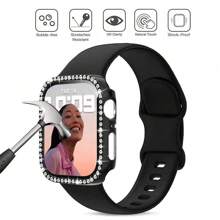 1 set de 3 en 1 Bracelet de montre en silicone de style minimaliste avec boucle papillon de couleur unie + boîtier de montre intégré en PC avec incrustation de diamants, compatible avec 38 mm, 40 mm, 41 mm, 45 mm, 44 mm, 42 mm, 46 mm, 49 mm, Compatible avec la série Ultra 9 8 7 6 5 4 3 2 1 SE. Bracelet confortable et respirant, anti-rayures, étanche, protecteur de montre antichoc pour femmes et hommes - Noir - Voir 3