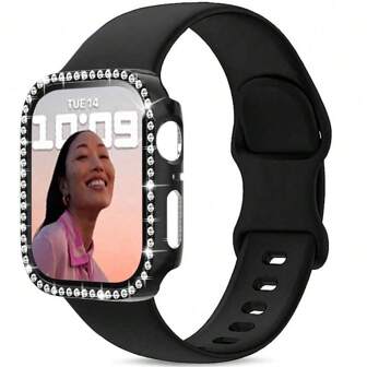 1set 3-In-1 Minimalist New Solid Color Butterfly Buckle Silicone Watch Band + Integrated PC Watch Case With Diamond Inlaid, Compatible With Apple Watch 38mm 40mm 41mm 45mm 44mm 42mm 46mm 49mm, Compatible With Apple Watch Ultra Series Ultra 9 8 7 6 5 4 3 2 1 SE Series10, Comfortable Breathable Wristband, Scratch-Resistant, Waterproof, Anti-Shock Watch Protector For Women And Men