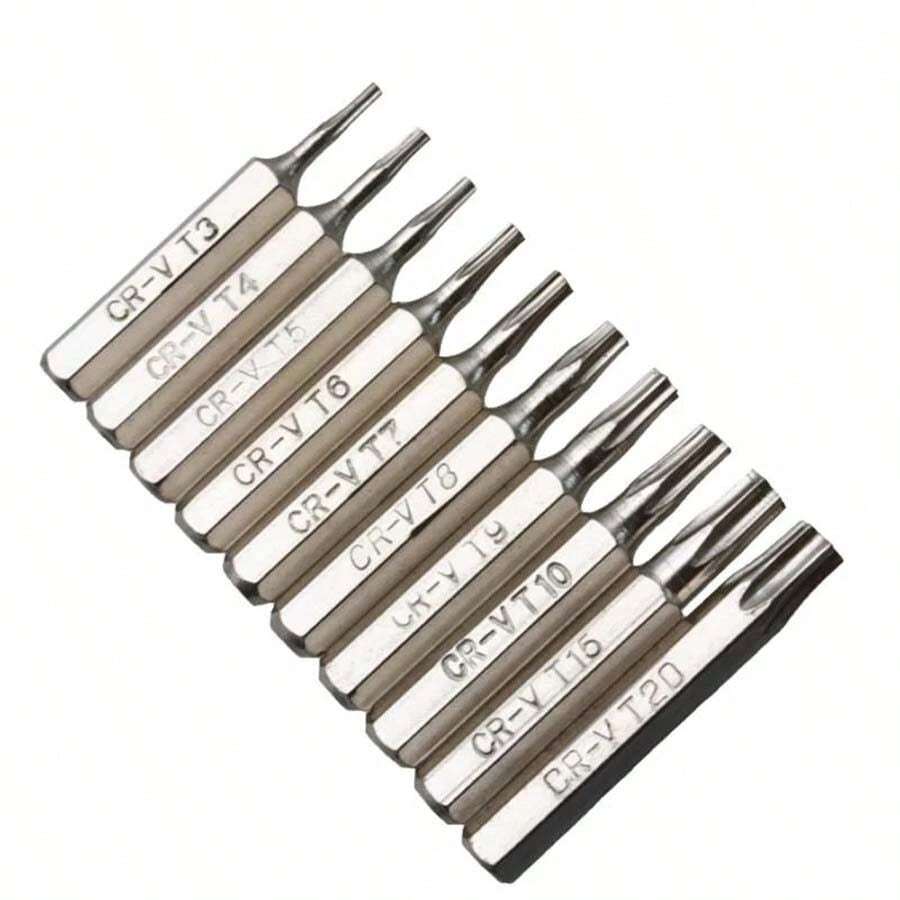 10入組cr-v材質torx螺絲刀頭套裝,t3 T4 T5 T6 T7 T8 T9 T10 T15 T20,適用於行動裝置維修,有梅花座修復頭 - 銀色 - 查看 1