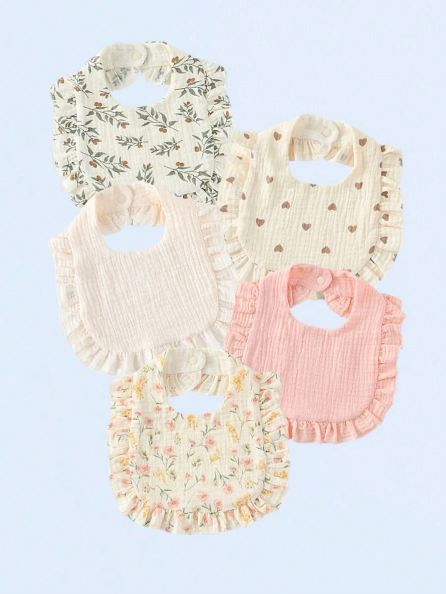 5pcs/Set Baby Bibs With Floral Ruffle Edges, , Absorbent, All Season