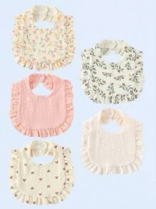 5pcs/Set Baby Bibs With Floral Ruffle Edges, , Absorbent, All Season