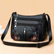 Nova Bolsa Feminina de Textura Macia, Fashionable e Atmosférica, Bolsa a Tiracolo Versátil, Bolsa a Tiracolo com Capacidade Grande, Zíper com Padrão de Flor, Orientação Aleatória