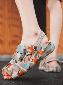 Men's Personalized Comfortable Simple Printed Breathable Thick-Soled Hollow Out Beach Slippers - Khaki - View 3