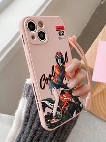 1pc Fashionable Moto Girl Printed Edge Sandblasting Texture Phone Case With Side Print, Includes Hand Strap, Compatible With Apple, Samsung, Xiaomi Redmi Series