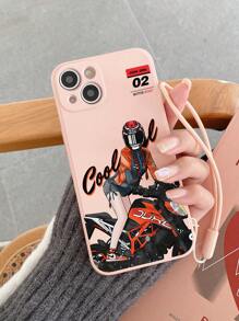 1pc Fashionable Moto Girl Printed Edge Sandblasting Texture Phone Case With Side Print, Includes Hand Strap, Compatible With Apple, Samsung, Xiaomi Redmi Series
