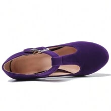 Women's T-Strap Mary Jane Pumps Low Block Chunky Heels Closed Round Toe Dress Wedding Office Work Shoes - 紫色 - 查看 8