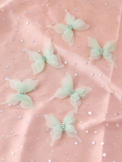 6pcs/Set Little Girls' & Girls' Lovely Hair Accessories, 3-Layer Green Netting Butterfly Hair Clips With Small Rhinestones, Suitable For Dopamine Girls' Sweet Headwear For Wedding Season, Daily Outfits, Vacation, Music Festival Decoration