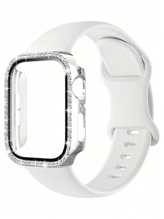 1Set 3-In-1 Minimalist New Solid Color Butterfly Buckle Silicone Watch Band + Integrated Crystal PC Watch Protector Case Compatible With Apple Watch 38mm 40mm 41mm 45mm 44mm 42mm 46mm 49mm Compatible With Apple Watch Ultra Series Ultra 9 8 7 6 5 4 3 2 1 SE Series10, Comfortable Breathable Bands, Scratch-Resistant Waterproof Shockproof Watch Protective Case For Women And Men