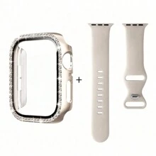 1 Set 3-in-1 minimalistischer neuer einfarbiger Schmetterlingsverschluss Silikonarmband + Polycarbonat Bildschirmschutz + mit Kristallen besetztes Uhrengehäuse kompatibel mit 38mm 40mm 41mm 45mm 44mm 42mm 46mm 49mm, Ultra Series Ultra 9 8 7 6 5 4 3 2 1 SE Series 10, bequemes atmungsaktives Ersatzarmband, kratzfeste wasserdichte stoßfeste Schutzfülle für Damen und Herren