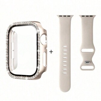 1 Set 3-In-1 Minimalist New Solid Color Butterfly Buckle Silicone Watch Band + Polycarbonate Screen Protector + Rhinestone-Encrusted Watch Case Compatible With Apple Watch 38mm 40mm 41mm 45mm 44mm 42mm 46mm 49mm, Apple Watch Ultra Series Ultra 9 8 7 6 5 4 3 2 1 SE Series 10, Comfortable Breathable Replacement Strap, Scratch-Resistant Waterproof Shockproof Watch Protective Case For Women And Men