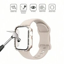 1 Set 3-in-1 minimalistischer neuer einfarbiger Schmetterlingsverschluss Silikonarmband + Polycarbonat Bildschirmschutz + mit Kristallen besetztes Uhrengehäuse kompatibel mit 38mm 40mm 41mm 45mm 44mm 42mm 46mm 49mm, Ultra Series Ultra 9 8 7 6 5 4 3 2 1 SE Series 10, bequemes atmungsaktives Ersatzarmband, kratzfeste wasserdichte stoßfeste Schutzfülle für Damen und Herren