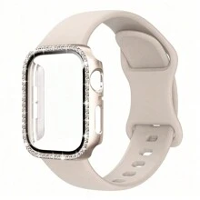 1 Set 3-in-1 minimalistischer neuer einfarbiger Schmetterlingsverschluss Silikonarmband + Polycarbonat Bildschirmschutz + mit Kristallen besetztes Uhrengehäuse kompatibel mit 38mm 40mm 41mm 45mm 44mm 42mm 46mm 49mm, Ultra Series Ultra 9 8 7 6 5 4 3 2 1 SE Series 10, bequemes atmungsaktives Ersatzarmband, kratzfeste wasserdichte stoßfeste Schutzfülle für Damen und Herren