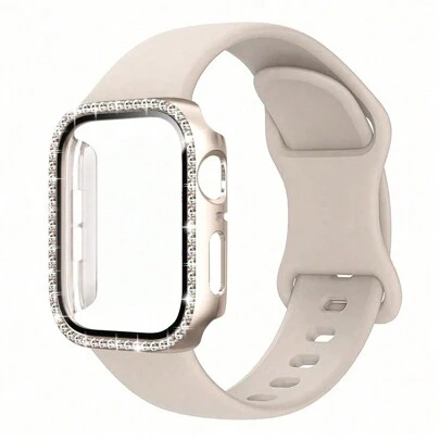 1 套 3 合 1 极简主义新款时尚纯色蝴蝶扣硅胶表带 + 聚碳酸酯屏幕保护膜 + 水钻镶嵌表壳，兼容 38mm 40mm 41mm 45mm 44mm 42mm 46mm 49mm，Ultra Series Ultra 9 8 7 6 5 4 3 2 1 SE Series 10，舒适透气替换表带，防刮防水防震手表保护壳，男女皆宜