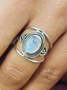 復古戒指鑲嵌月光石/黑玉髓,精緻雕刻工藝,搭配日常服飾及晚宴派對裝飾,是送給家人/朋友的完美禮物 - 黑色 - 查看 5