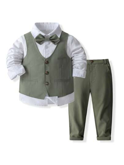 KIMOCAT Young Boy 3 Pieces Formal Suit Set: Long Sleeve Shirt, Vest, And Long Pants, Gentlemanly Outfit For All Season