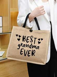 1个字母印花手提袋，奶奶感恩礼物，女士亚麻大容量多功能手提袋，轻便亚麻购物袋，时尚手提袋，学校礼物，海滩度假旅行万圣节礼物袋，非常适合旅行周末过夜包