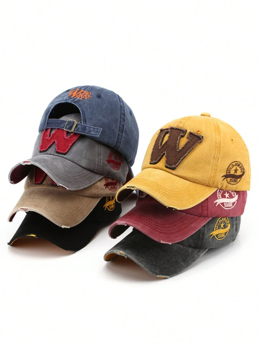 1入男女皆宜時尚棒球帽，洗水和磨損的外觀，復古字母W刺繡街頭風格 - 彩色 - 查看 1