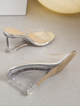 Jelly Transparent High Heeled Sandals For Women, Peep Toe Square Shaped, Crystal Decor Wedge Heels, Summer New Arrival
