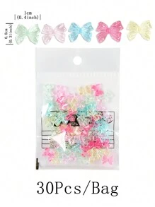 30Pcs Kawaii Candy Bow Nail Charms Cute Transparent Jelly Color 3D Resin Jewelry Nail Art Decoration Accessories Pennant Bow French Style Nail Supplies Diy Nail Gems Nails