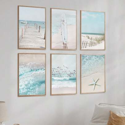 6件套海岸风情装饰墙画，包含沙滩、海星、冲浪板、桥梁、芦苇、北欧风格图案，适合客厅装饰，不含画框