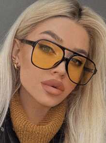 1 chiếc kính thời trang kiểu Âu Mỹ gọng kép ngoại cỡ phong cách Y2K dành cho nữ, phụ kiện đi biển, kính râm cơ bản cho mùa thu đông, trang phục công sở, quà tặng cho kỳ nghỉ hè, hoạt động ngoài trời, du lịch. - màu đen - Xem 1