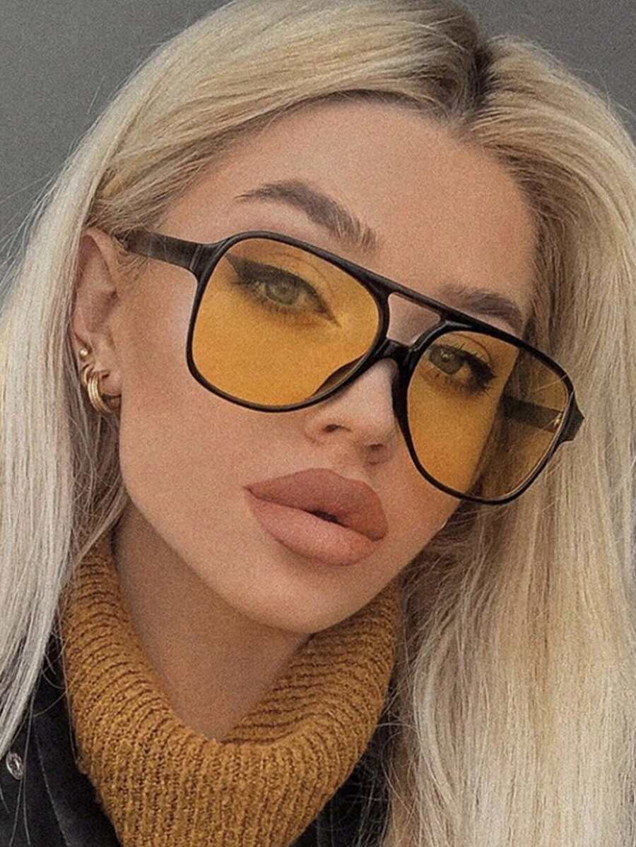 1 chiếc kính thời trang kiểu Âu Mỹ gọng kép ngoại cỡ phong cách Y2K dành cho nữ, phụ kiện đi biển, kính râm cơ bản cho mùa thu đông, trang phục công sở, quà tặng cho kỳ nghỉ hè, hoạt động ngoài trời, du lịch. - màu đen - Xem 1