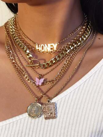 7pcs/Set Ins Style Simple Geometric Relief Portrait Hip-Hop Multilayer Butterfly Tassel Honey Letter Necklaces