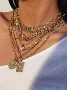 7pcs/Set Ins Style Simple Geometric Relief Portrait Hip-Hop Multilayer Butterfly Tassel Honey Letter Necklaces - Necklace - View 3