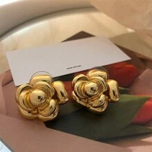 法式复古风格山茶花耳钉，女士独特设计耳饰情人节 - 金黃色 - 查看 10
