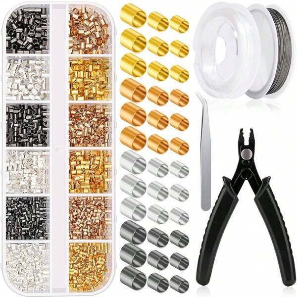 1800 Peças Tubos De Crimpagem Para Fabricação De Joias, Miçangas De Crimpagem Com Alicates De Crimpagem, Cordão De Pulseira Elástica E Fio De Contas Para Pulseira, Brinco E Colar