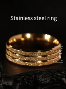 1pc 7mm Wide Matte Stainless Steel Ring With 2 Lines Simple Style Gold Plated Finger Band, Unisex - Yellow Gold - View 2