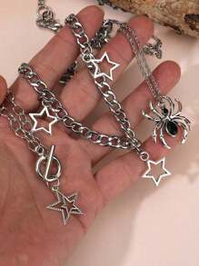 3pcs Vintage Gothic Style Star Rhinestone Spider Necklace Set, Stainless Steel Chain Necklace, Star & Meteor Silver Plated Necklace, Men & Women Jewelry Set - Silver - View 3
