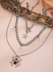 3pcs Vintage Gothic Style Star Rhinestone Spider Necklace Set, Stainless Steel Chain Necklace, Star & Meteor Silver Plated Necklace, Men & Women Jewelry Set - Silver - View 2