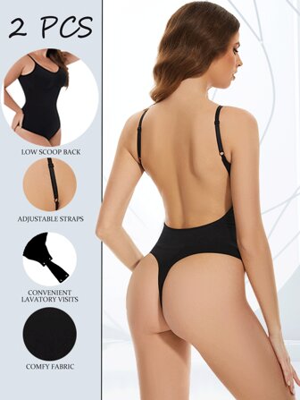2pcs Women's Seamless Shapewear Bodysuit, Lift Butt, Open-Back, Thong, Body-Slimming Undergarment