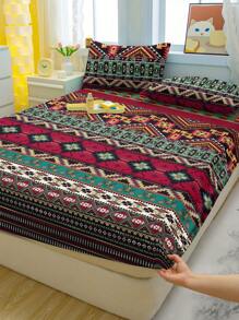 1pc Bohemian Pattern Printed Brushed Fitted Sheet, Bedroom Decoration Printed Bed Cover