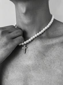 1 件时尚朋克简约十字形吊坠配珍珠项链，适合男士，适合日常佩戴或赠送朋友 - 白色 - 查看 1