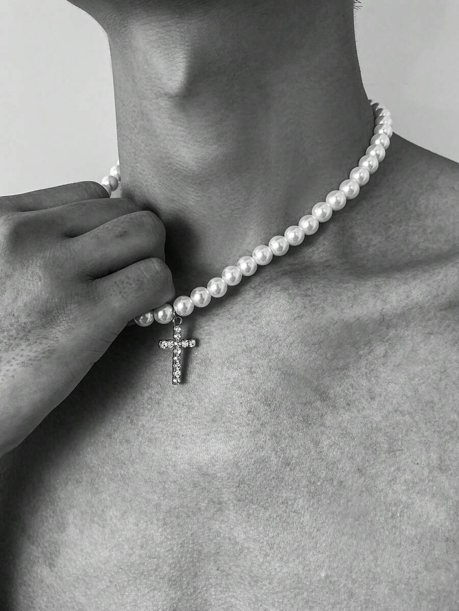 1 件时尚朋克简约十字形吊坠配珍珠项链，适合男士，适合日常佩戴或赠送朋友 - 白色 - 查看 1