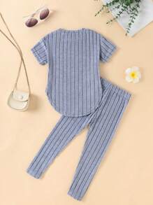 2pcs/Set Young Girl Ribbed Short Sleeve Knit Top And Long Pants Set, Spring Autumn - Dusty Blue - View 2