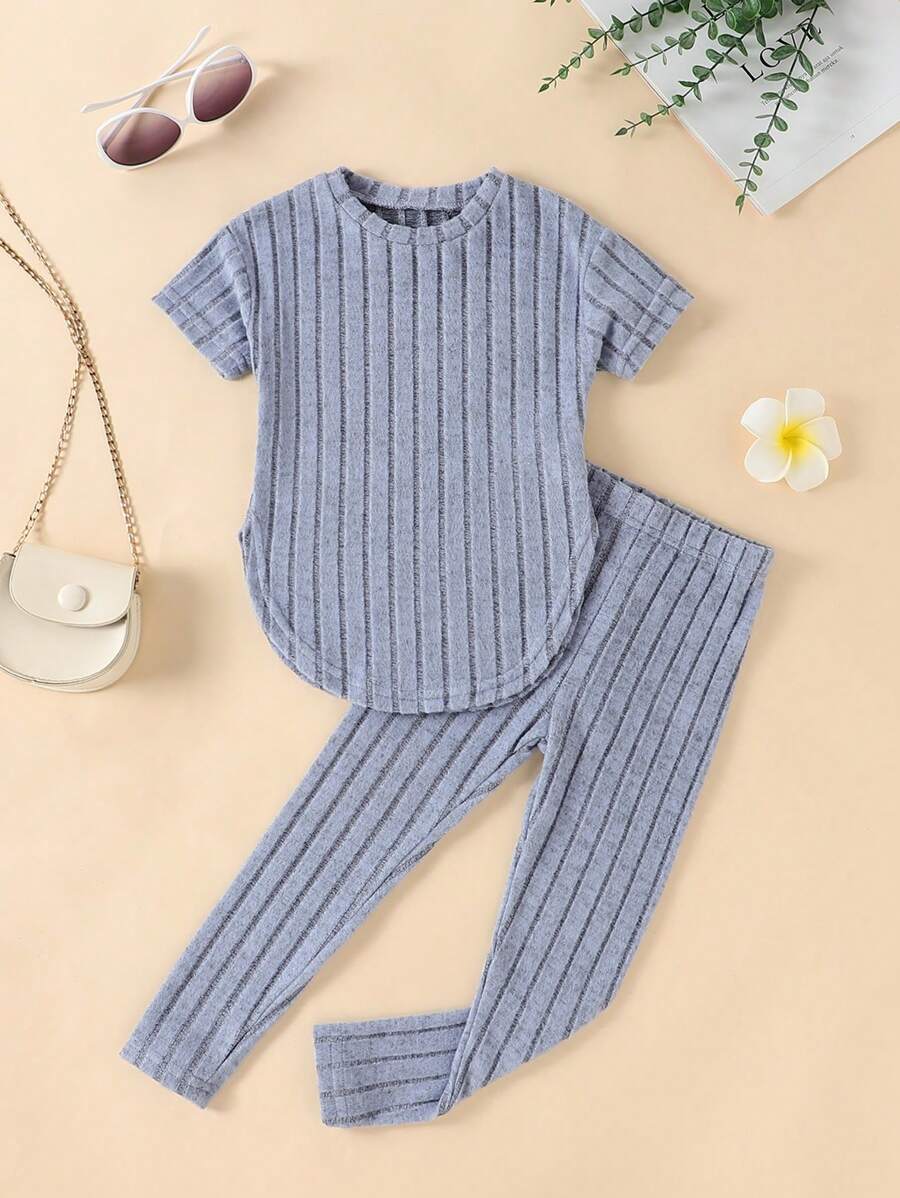 2pcs/Set Young Girl Ribbed Short Sleeve Knit Top And Long Pants Set, Spring Autumn - Dusty Blue - View 1