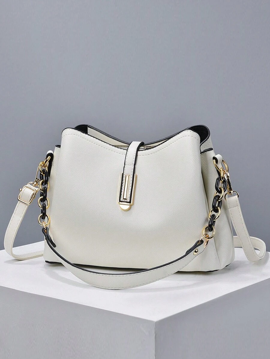 Fashion Solid Color Women Handbag, Women Chain Strap Crossbody Bag, Women PU Leather Shoulder Bag And Wallet, Bucket Wallet - White - View 1